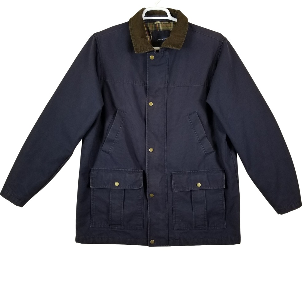 Lands End Men Navy Blue Canvas Barn Coat Plaid Lined Corduroy Collar Large 42-44